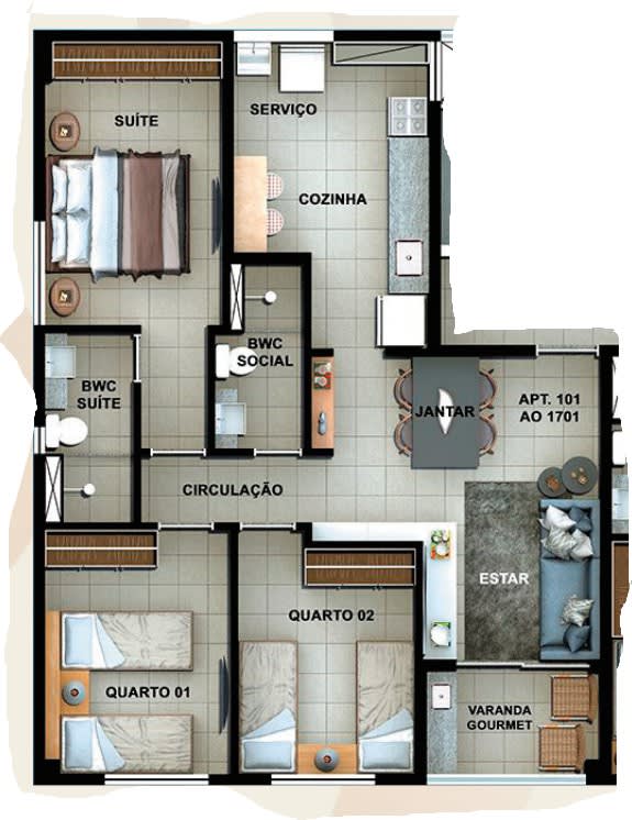 Planta Terminação 01 - 69,05m² - 3 Quartos