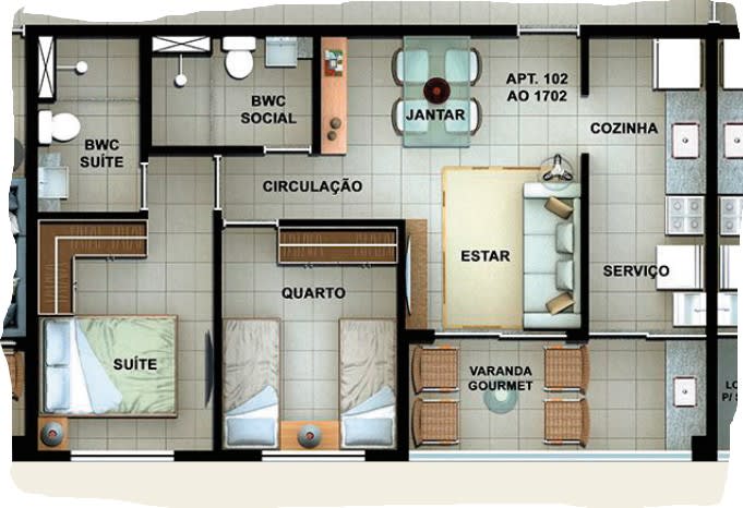 Planta Terminação 02 - 54,70m² - 2 Quartos