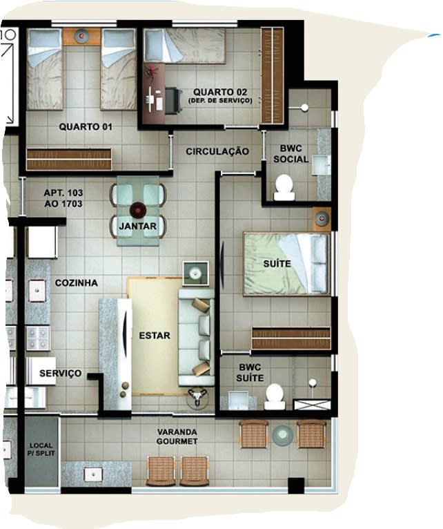 Planta Terminação 03 - 67,10m² - 3 Quartos
