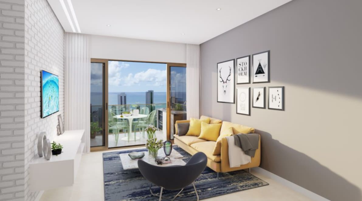 Living room with integrated gourmet balcony at Edifício Capiba