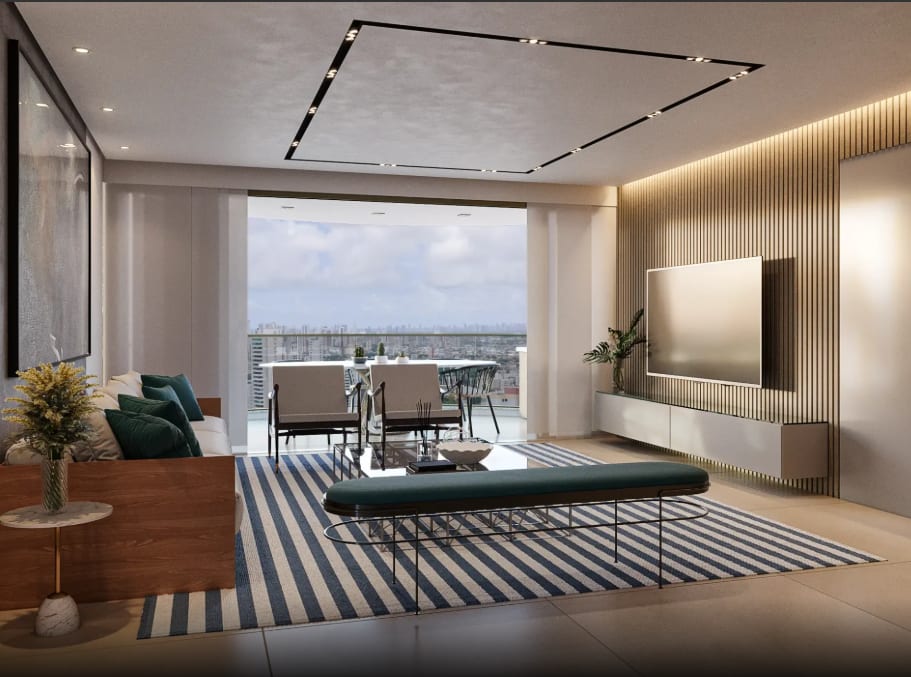 Integrated living room with panoramic balcony in Edifício Mirage