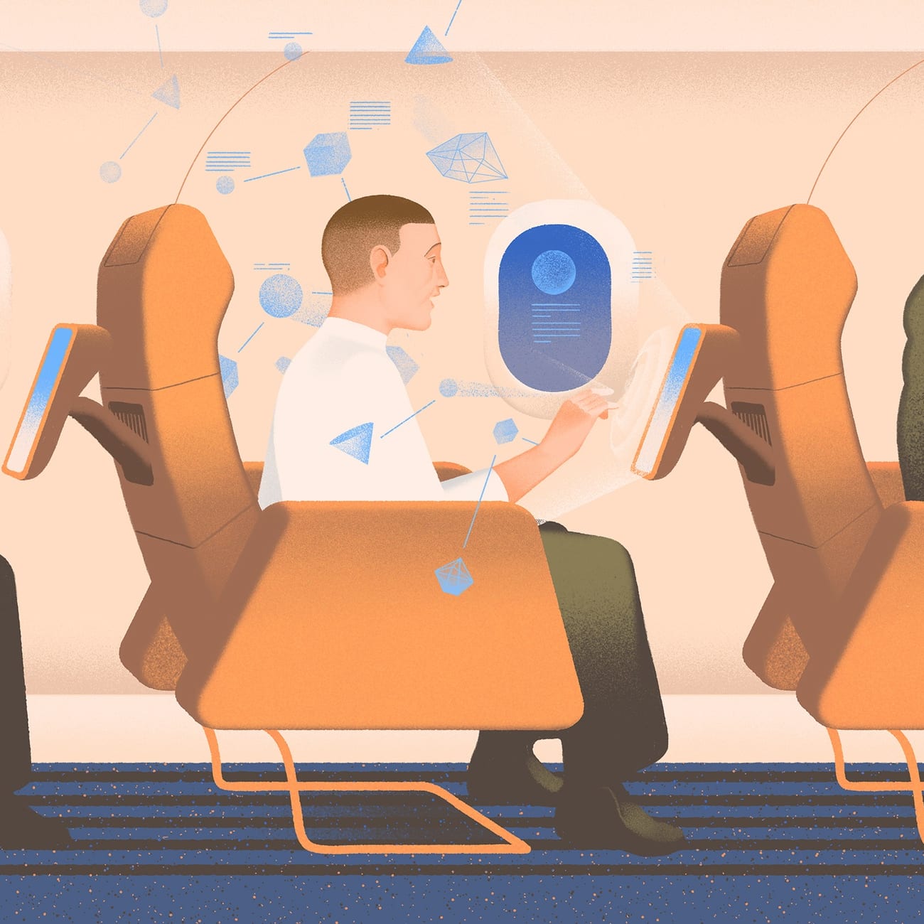 An illustration of a passenger in airplane using an IFE system