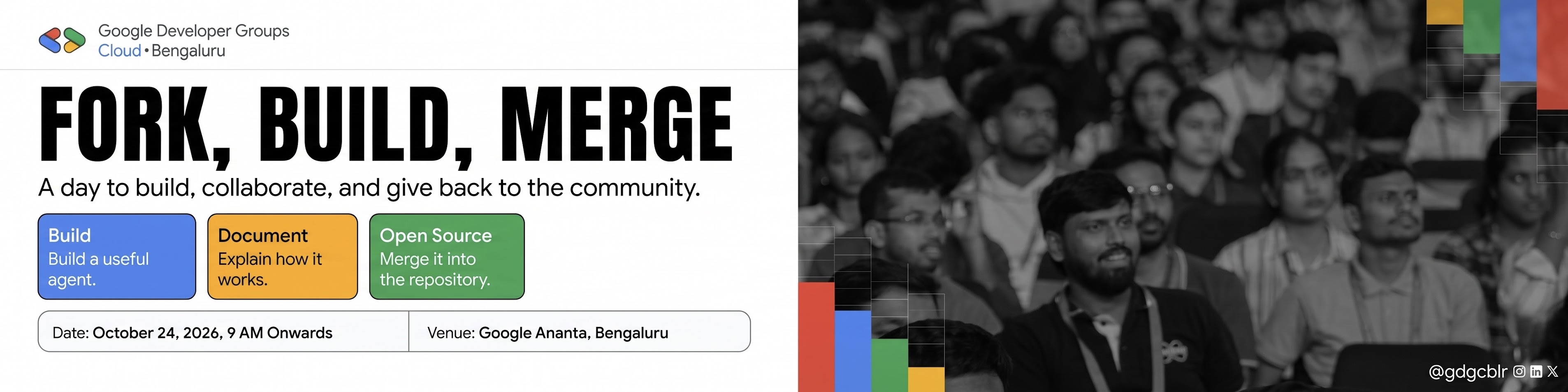 Fork, Build, Merge: an open-source build session at Google Ananta, Bengaluru, on October 24, 2026.
