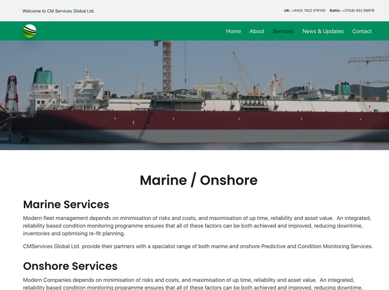 Screen grab that shows the CMServices Global landing page