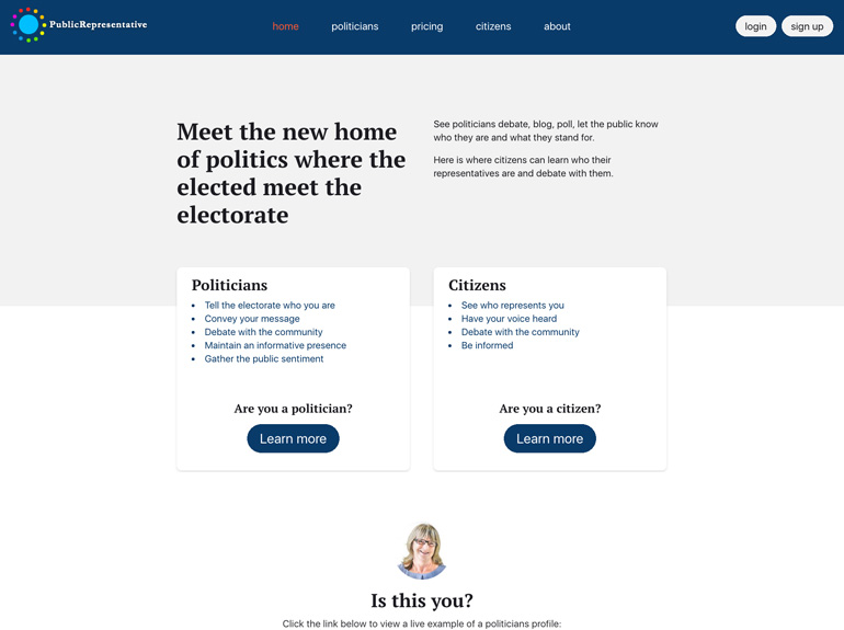 Screen grab that shows the Public Representative landing page