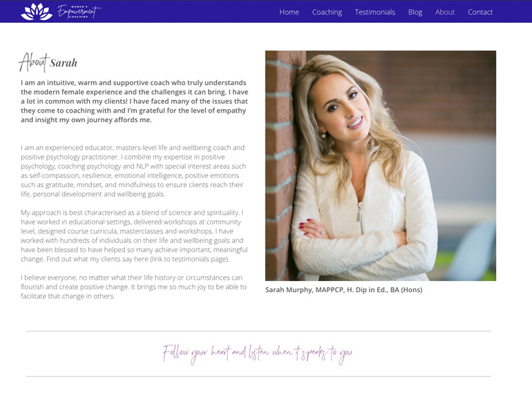 Screen grab that shows the Womens Empowerment Coaching landing page