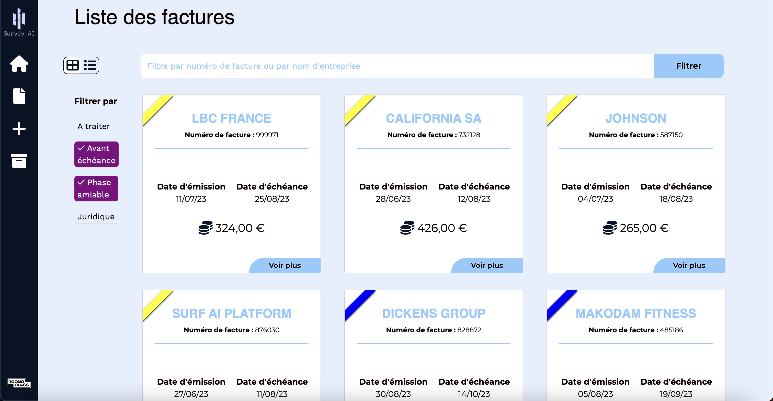Capture ecran du projet Survivai, vue des factures en cartes