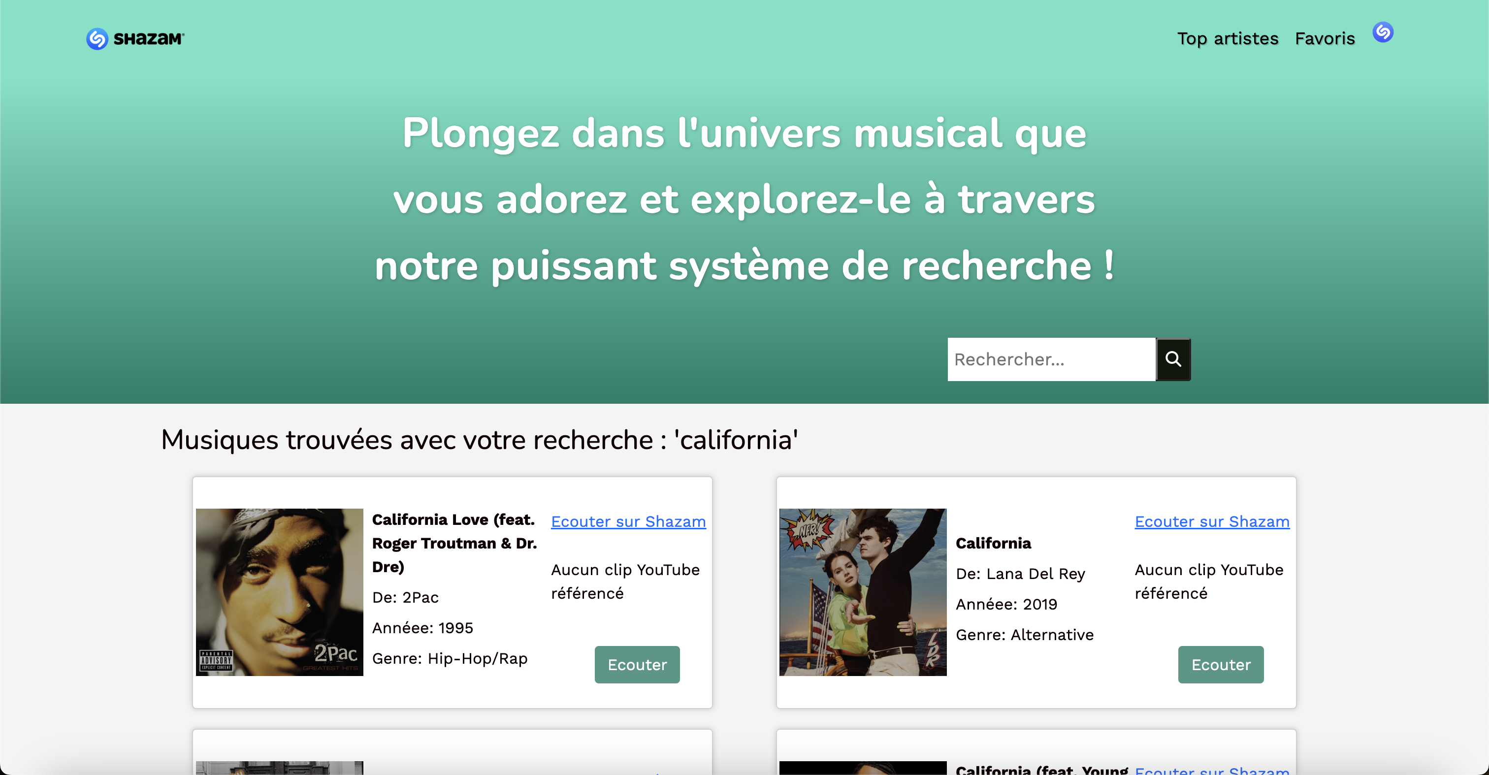 Capture ecran du projet MaxMusic, outil de recherche de musiques via API Shazam