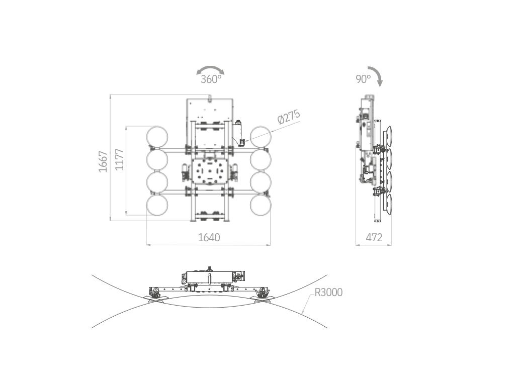 Plano técnico XE1-1500G con dos kits curvos