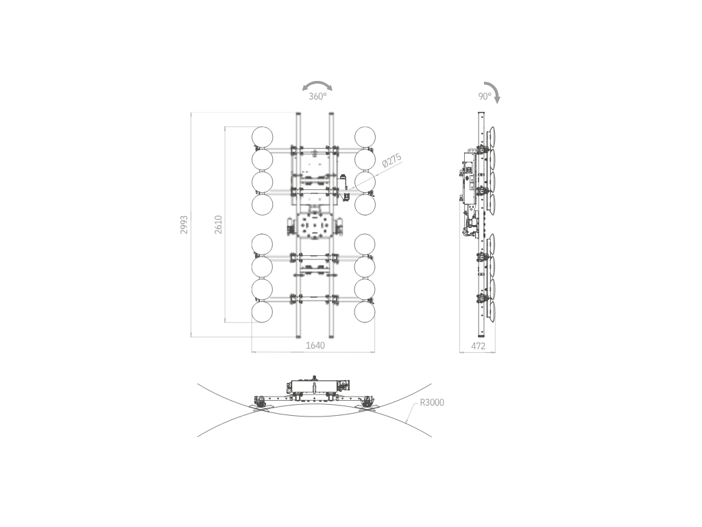 Plano técnico XE1-1500G con cuatro kits curvos