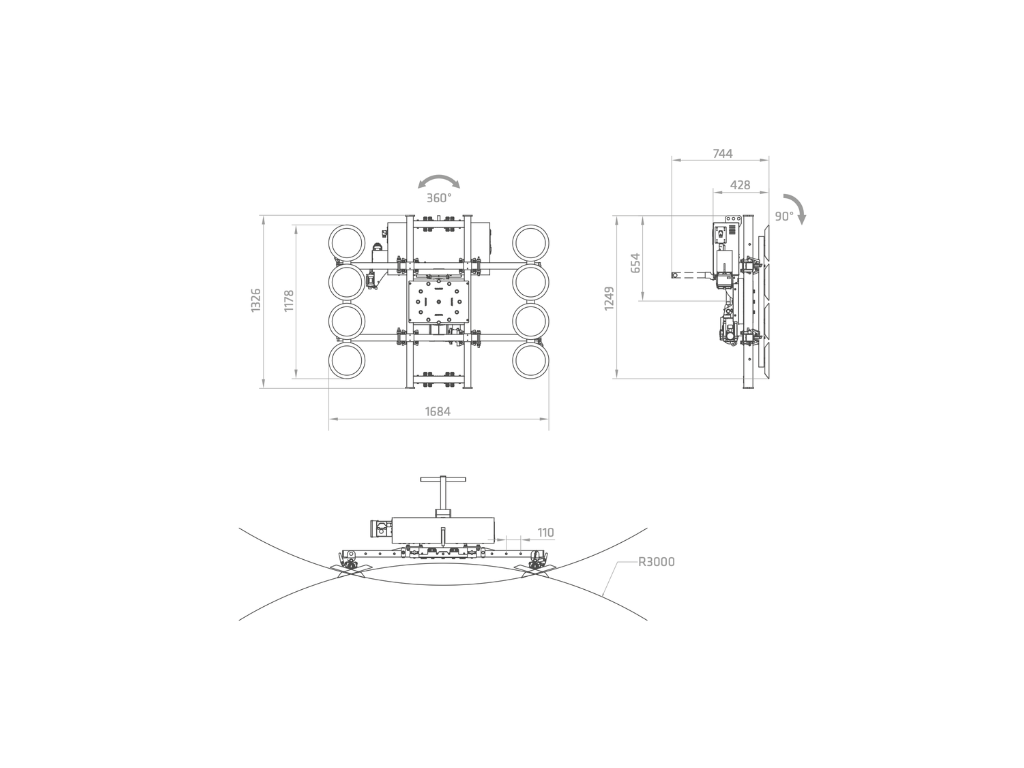 Plano técnico XE2-1500G con dos kits curvos