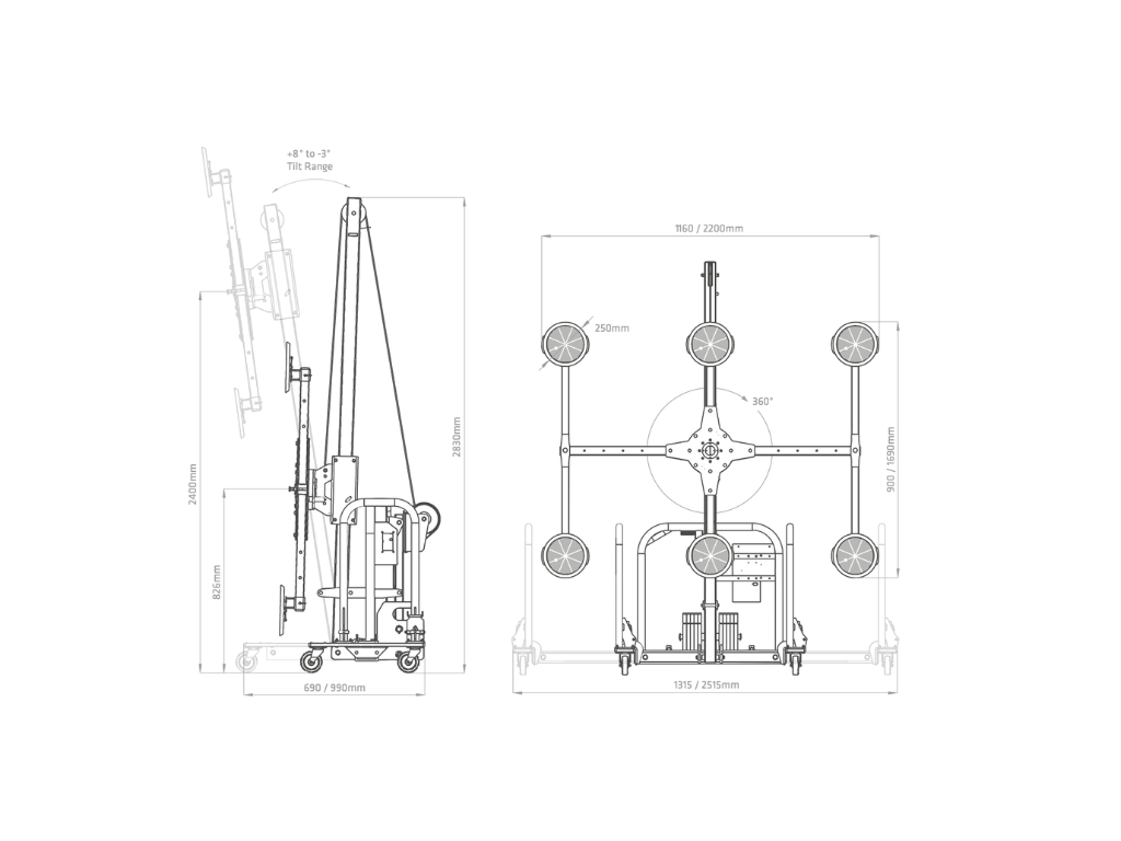Plano técnico y dimensiones del carro MULE