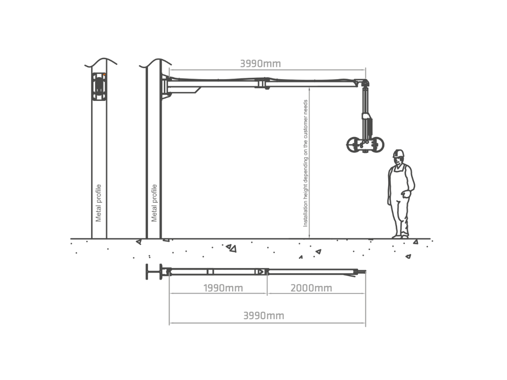 Plano técnico CML con soporte en pared o muro