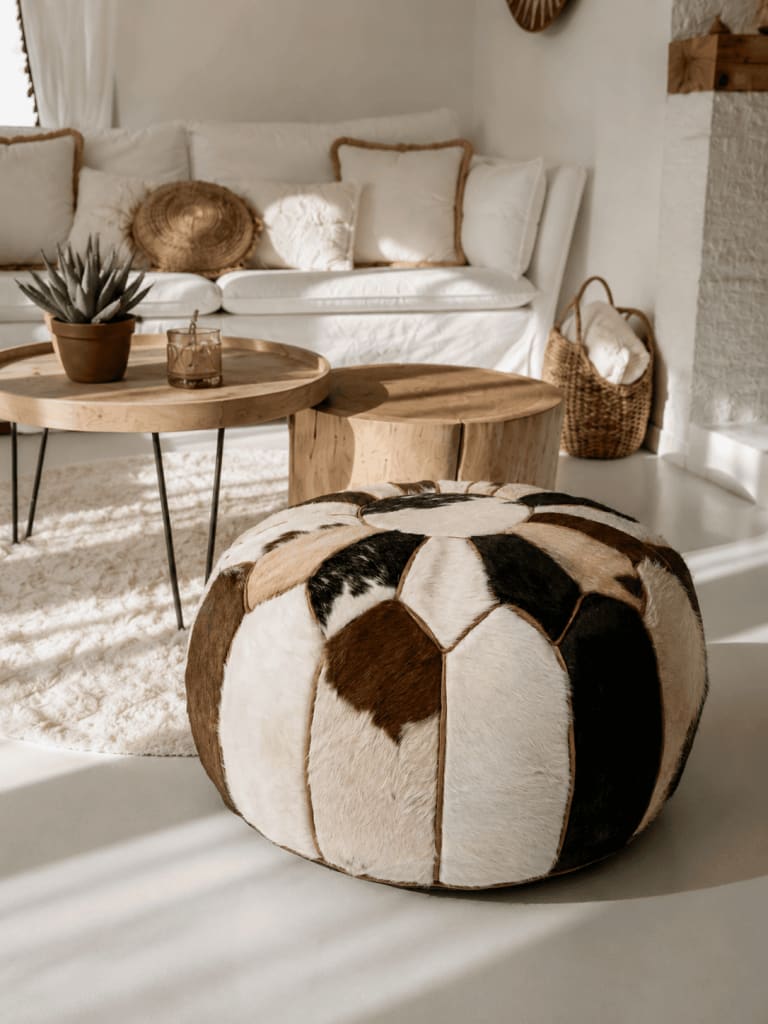 Pouf marocain en fourrure naturelle fait main – artisanat marocain authentique