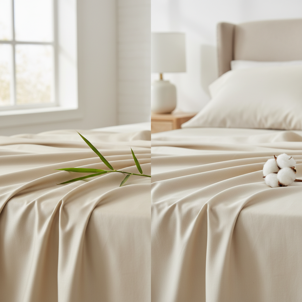 [{"question": "What is the difference between bamboo sheets and percale?", "answer": "Percale is a crisp cotton weave; bamboo sheets are typically smooth cellulosic fabrics with a silkier drape."}, {"question": "Is percale cooler than bamboo?", "answer": "Both can sleep cool; percale is the coolest common cotton weave, while bamboo often feels cooler than dense cotton sateen."}, {"question": "Which is softer, bamboo or percale?", "answer": "Bamboo usually feels softer and silkier immediately; percale feels crisp and airy rather than plush."}, {"question": "How do I choose between bamboo and percale?", "answer": "Choose percale for crisp structure; choose bamboo for silky glide and relaxed luxury."}, {"question": "Do bamboo and percale need different care?", "answer": "Often yes—bamboo commonly prefers gentler heat and no fabric softener; follow each label."}]
