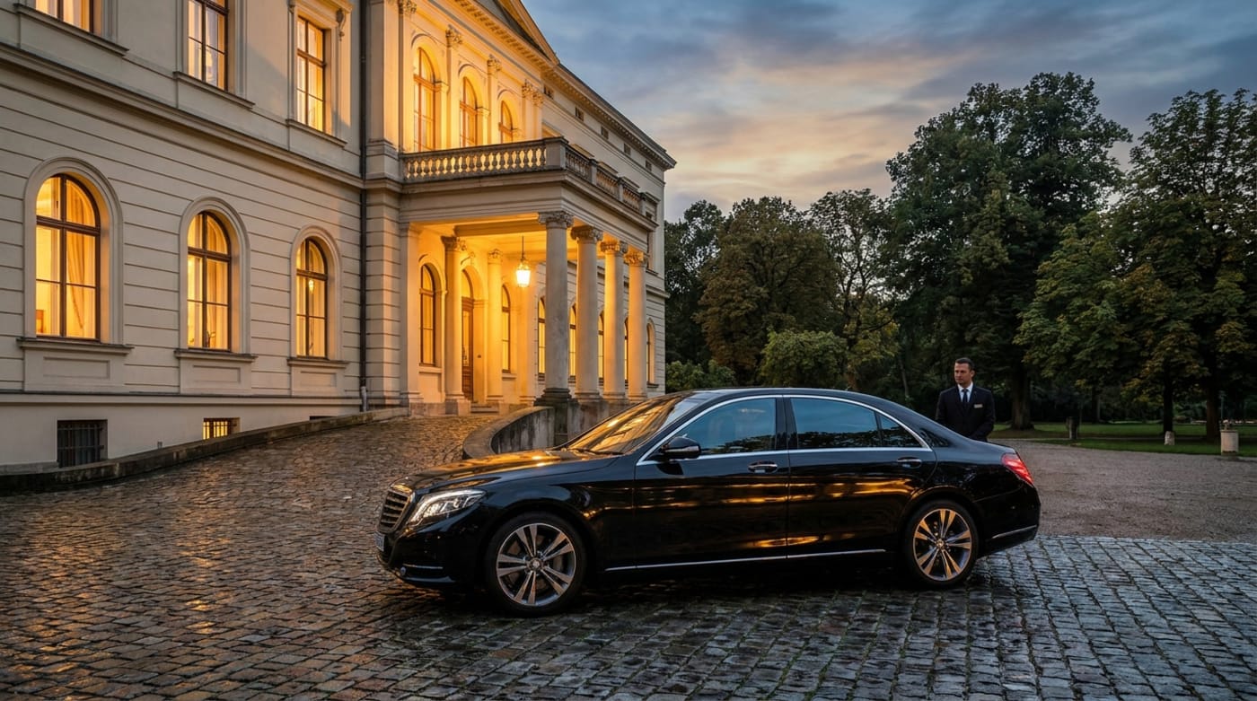 Limousinenservice Bad Homburg: Mercedes S-Klasse mit Chauffeur vor klassizistischer Villa im Taunus