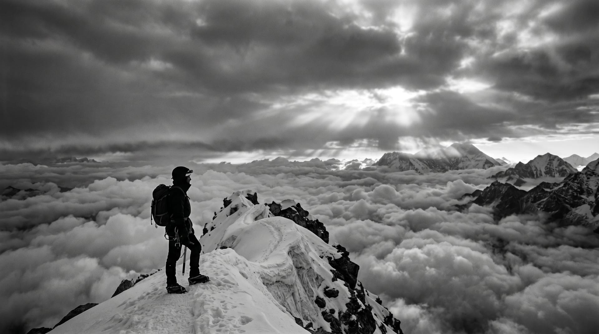 Bergsteiger auf einem Gipfelgrat über dem Wolkenmeer