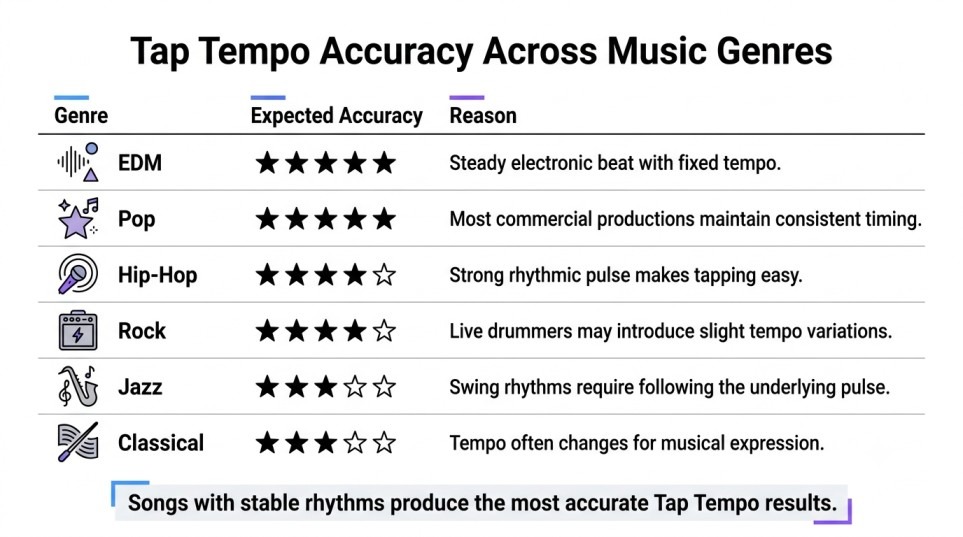 Infographic comparing Tap Tempo accuracy across EDM, Pop, Hip-Hop, Rock, Jazz, and Classical music.