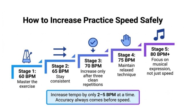 Metronome speed progression chart showing gradual BPM increases for effective practice.