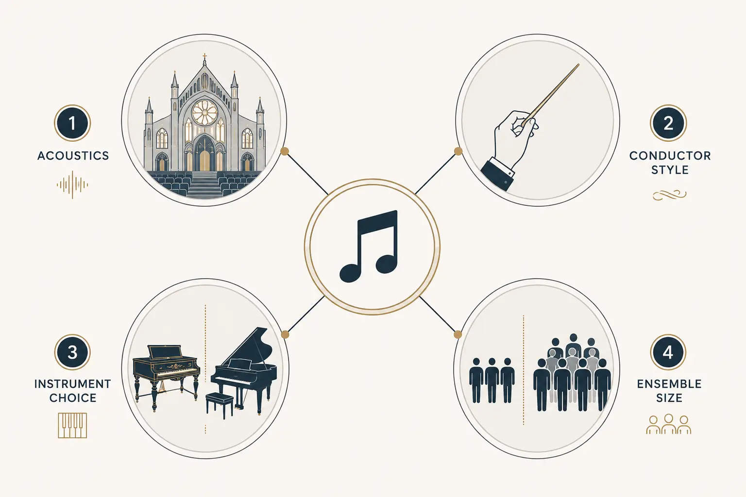 Diagram showing four factors that shape tempo interpretation: acoustics, conductor style, instrument choice, and ensemble size