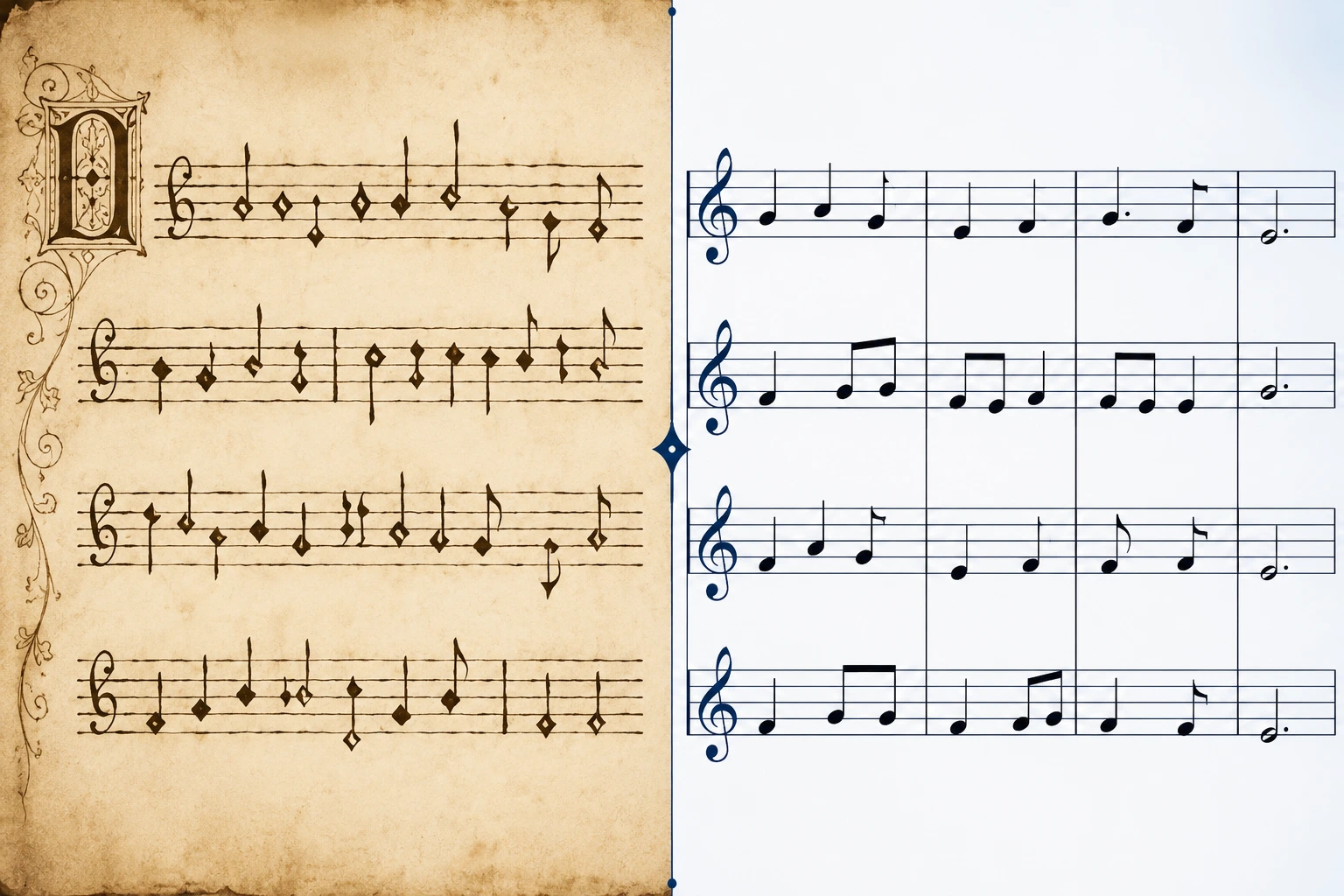 Comparison of medieval mensural notation without bar lines and modern standardized notation with bar lines