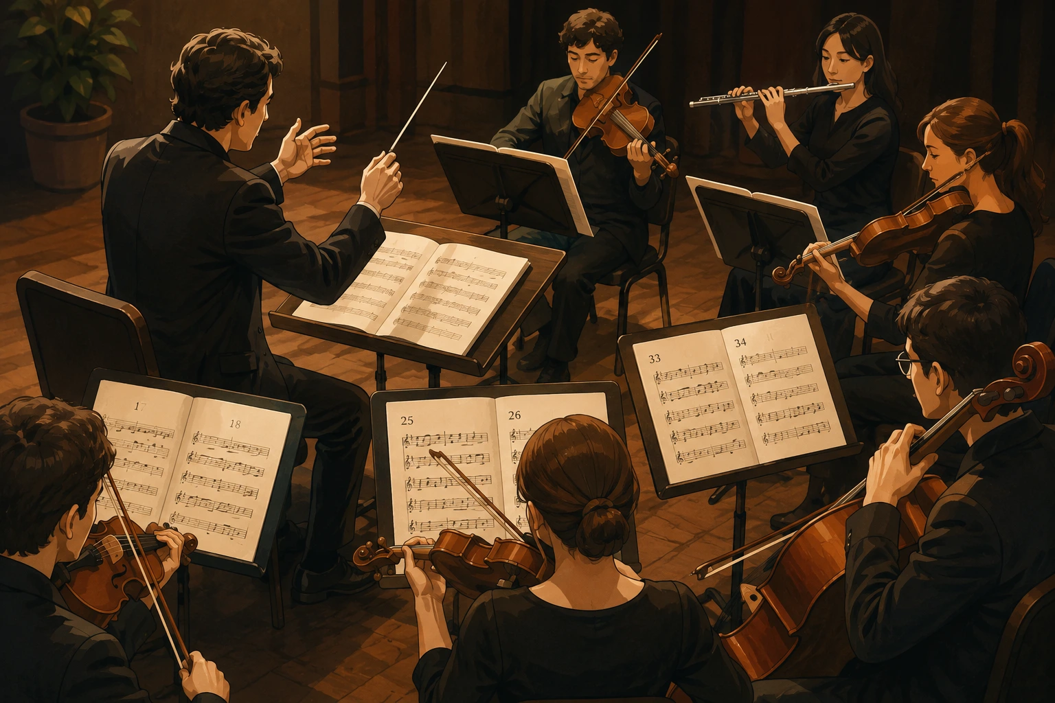 Conductor and orchestra musicians using bar numbers during a rehearsal to stay synchronized