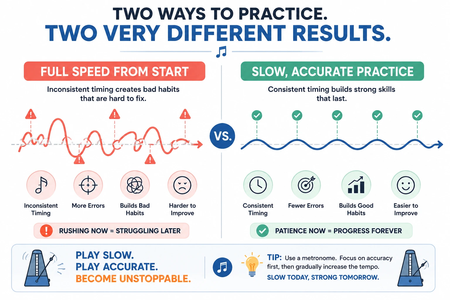 Infographic comparing full speed practice versus slow accurate practice for musicians