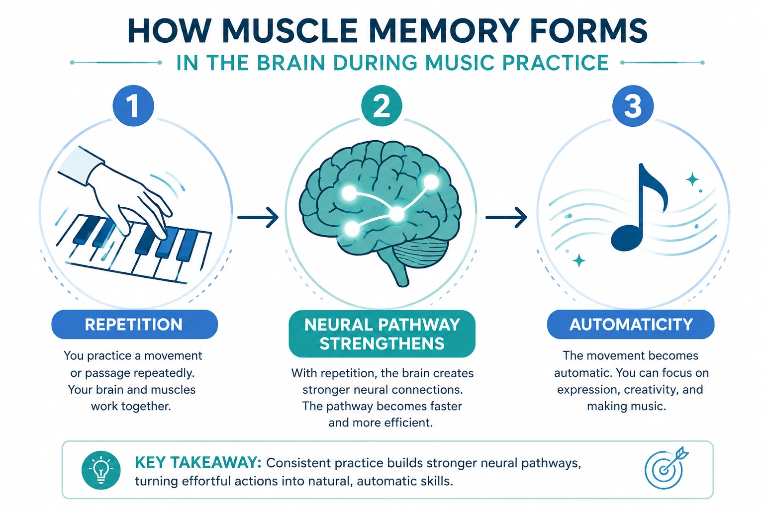 Diagram showing how repetition strengthens neural pathways to build muscle memory