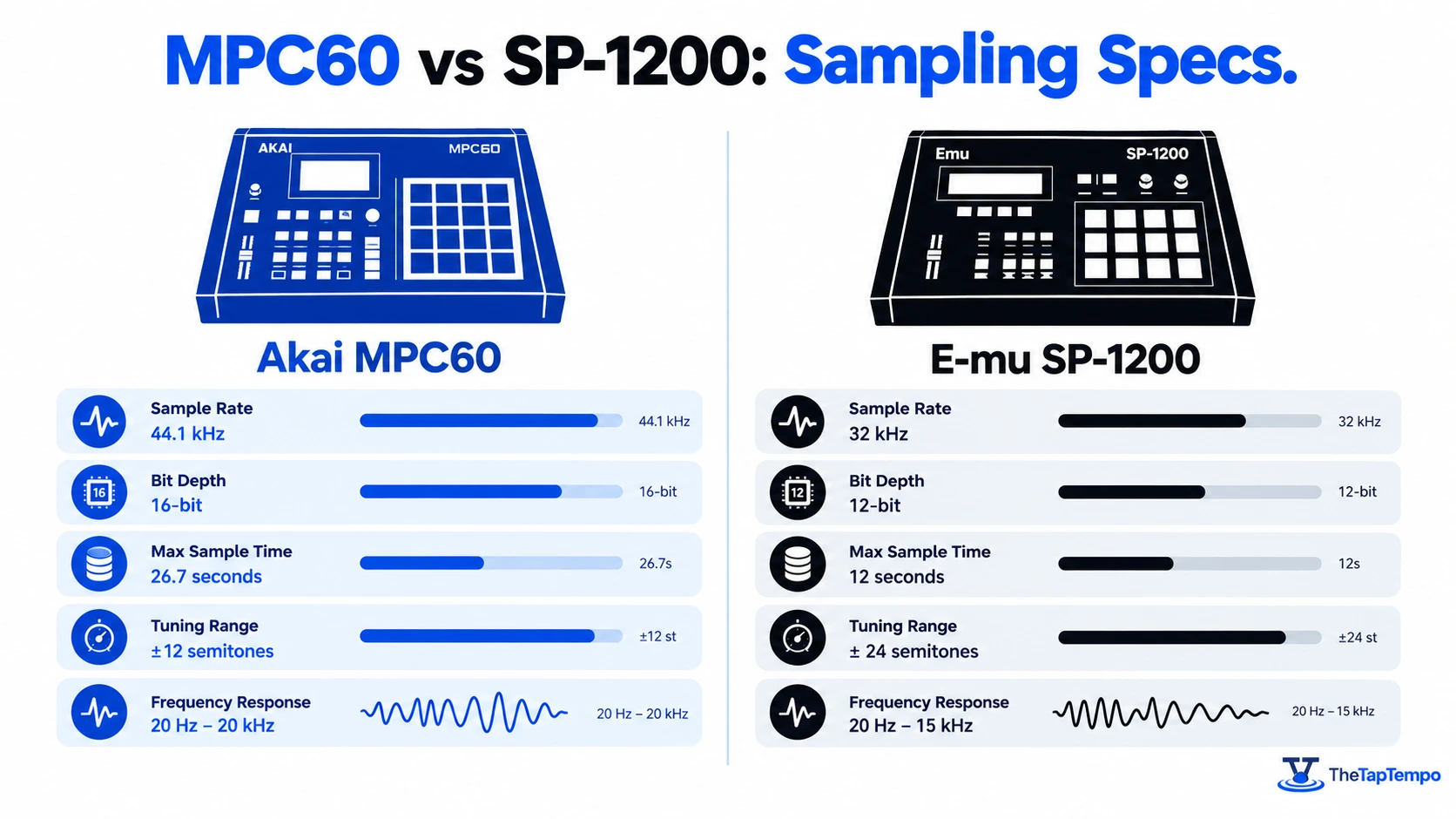 Side by side spec comparison infographic of Akai MPC60 and E-mu SP-1200 sample rate bit depth and tuning range