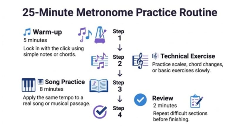 Beginner metronome practice routine showing a structured daily practice schedule.
