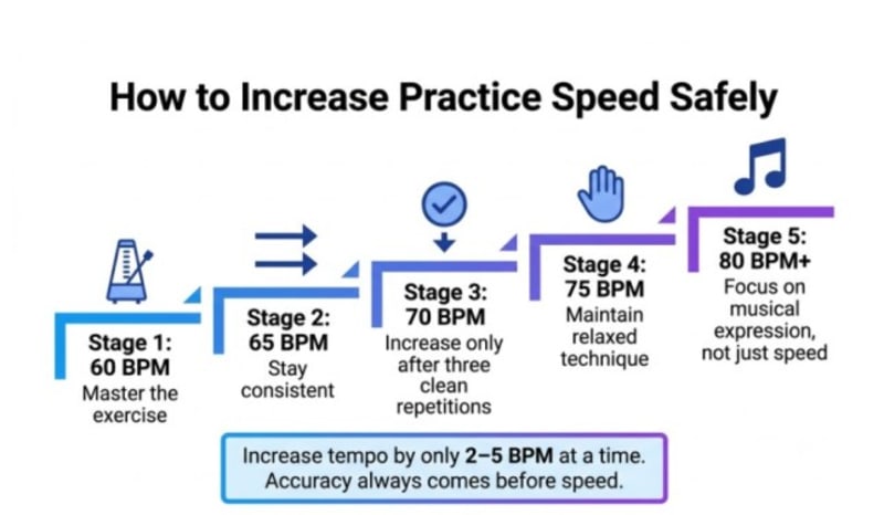 Metronome speed progression chart showing gradual BPM increases for effective practice.