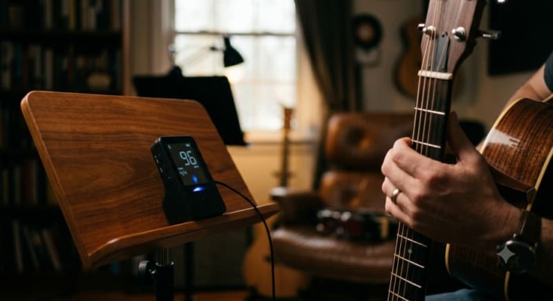 A close-up photograph capturing a digital metronome displaying 96 BPM positioned on a wooden music stand next to a musician holding an acoustic guitar fretboard, emphasizing a focused practice environment.