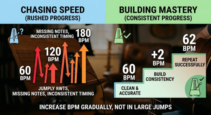 An infographic comparing 'Chasing Speed' (rushed progress with large BPM jumps) on the left to 'Building Mastery' (consistent progress with small, gradual steps) on the right, overlaid on a music studio background.