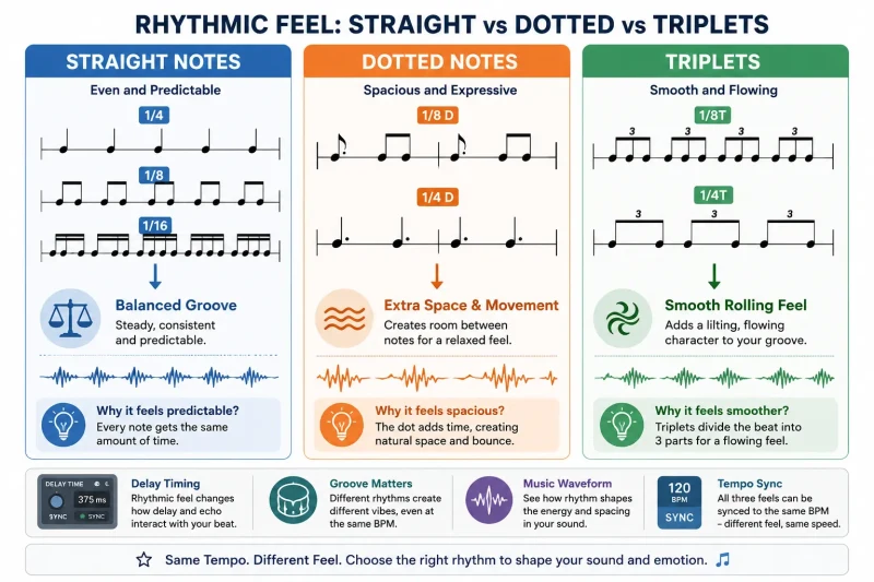 Comparison of straight note values, dotted note rhythms, and triplet subdivisions in music production.