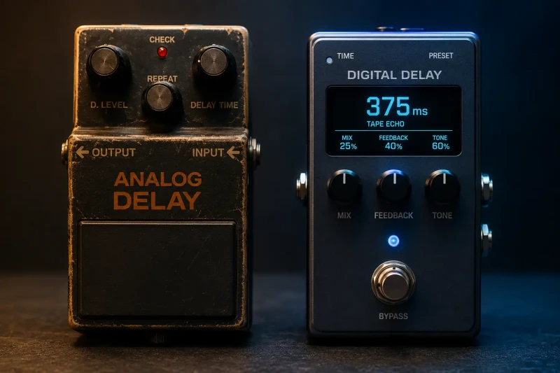 Side-by-side comparison of analog and digital delay pedals showing their different sound characteristics and best use cases.