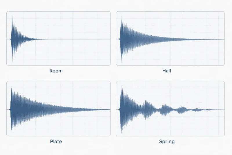 Diagram comparing four reverb types — room, hall, plate, and spring — showing their different decay wave shapes.