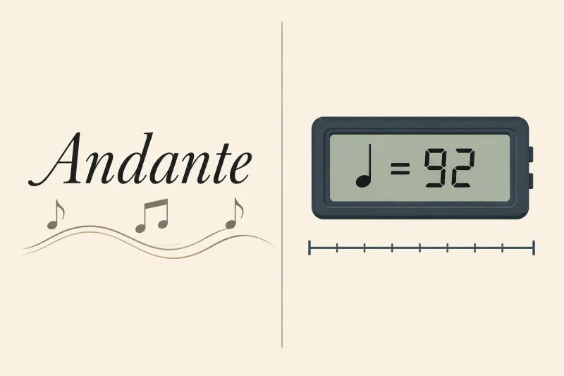 Illustration comparing a flexible tempo marking like Andante with a fixed BPM number like quarter note equals 92