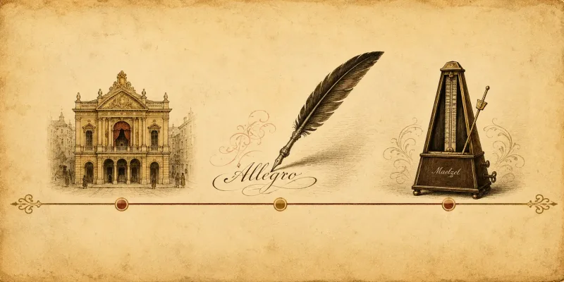 Timeline illustration showing the historical origin of Italian tempo markings from 17th-century opera to the invention of the metronome
