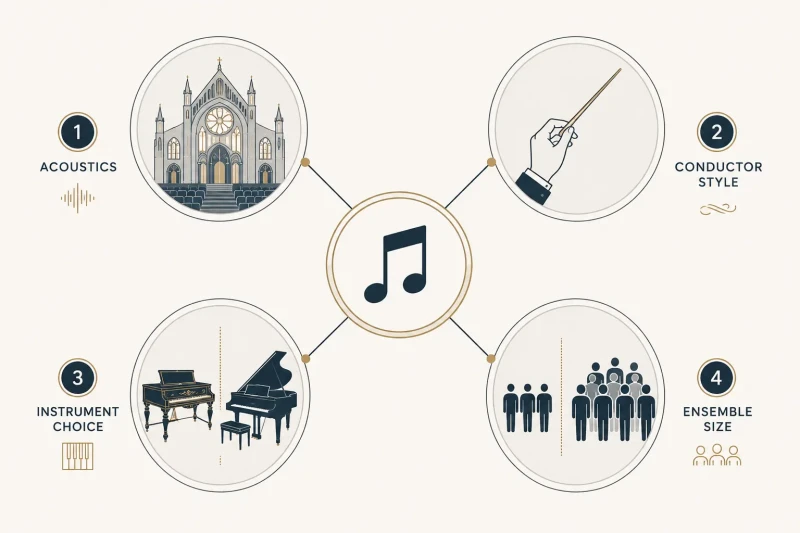 Diagram showing four factors that shape tempo interpretation: acoustics, conductor style, instrument choice, and ensemble size