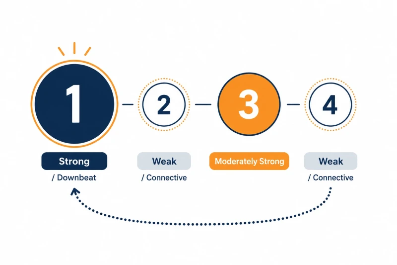 Diagram showing beat hierarchy in a four-beat measure with beat one as the strongest downbeat