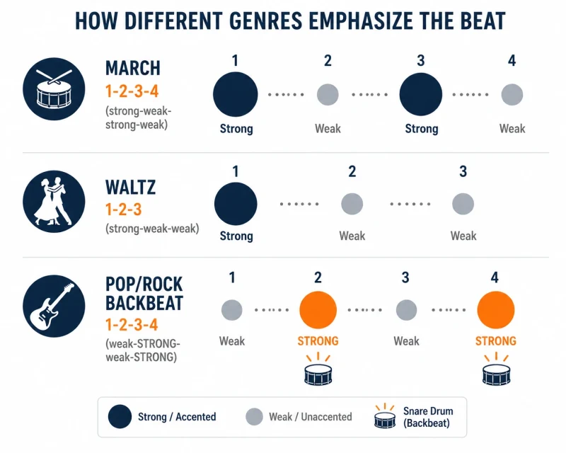Infographic comparing beat emphasis patterns in marches, waltzes, and pop/rock backbeats