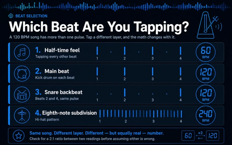 Infographic showing how tapping different beat layers of a song — half-time, main beat, snare backbeat, and eighth-note subdivision — produces different BPM readings of 60, 120, 120, and 240.