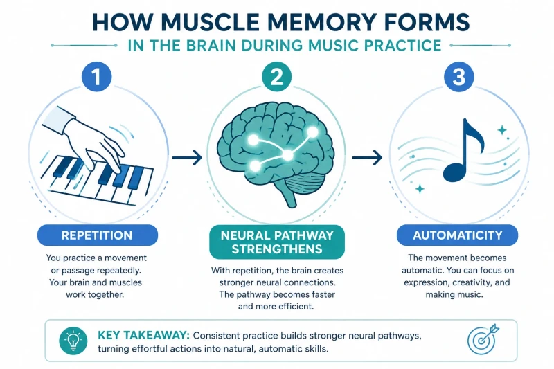 Diagram showing how repetition strengthens neural pathways to build muscle memory