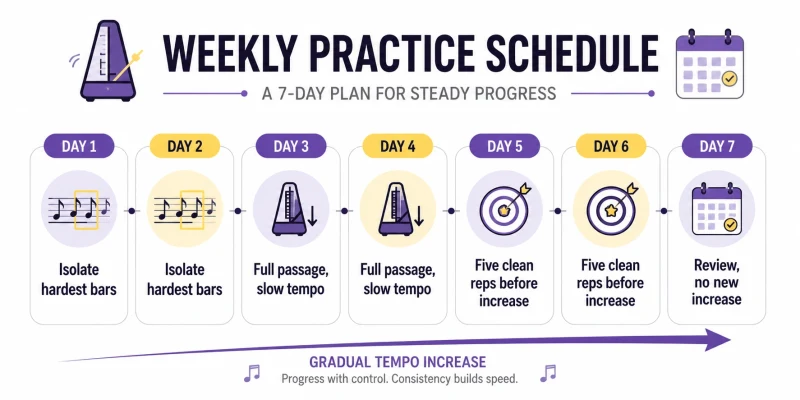 Weekly slow practice routine timeline for musicians showing tempo progression