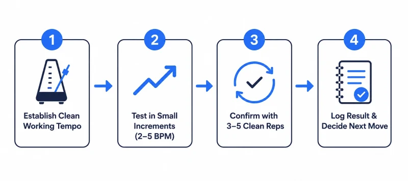 4-step metronome speed method infographic: establish tempo, test increments, confirm reps, log results