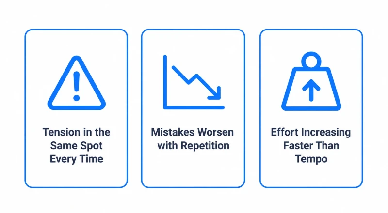 Infographic showing 3 warning signs of increasing metronome tempo too fast