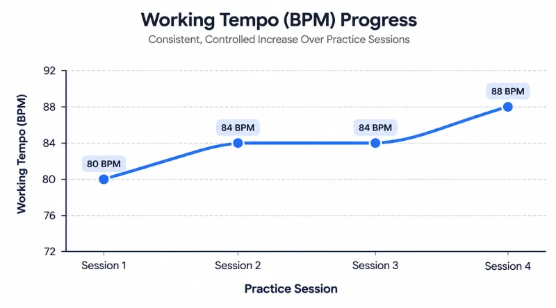 Line chart infographic showing metronome tempo progression across practice sessions