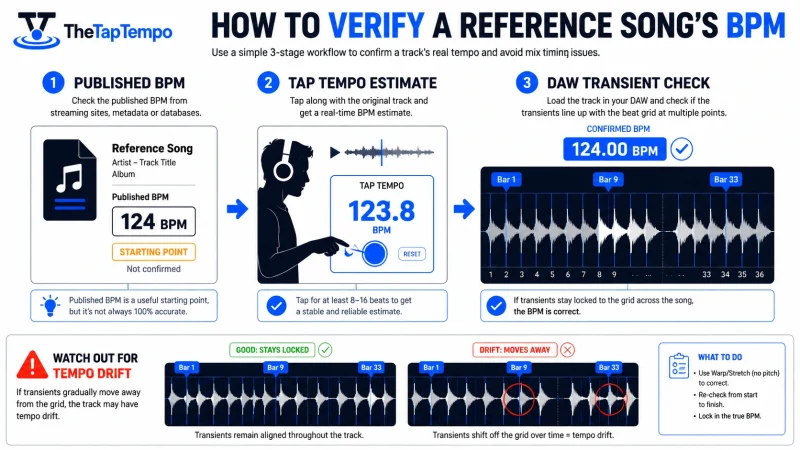 Reference song BPM verification using tap tempo and waveform transient alignment in a DAW