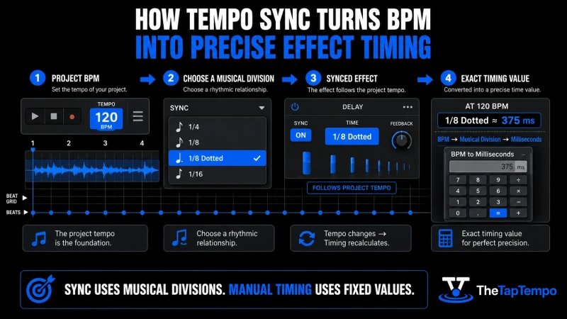 BPM to milliseconds workflow showing how tempo sync converts musical divisions into precise effect timing