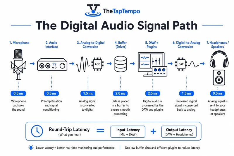 Digital audio signal path showing microphone input, audio interface, conversion, buffer, DAW processing, and monitoring output.